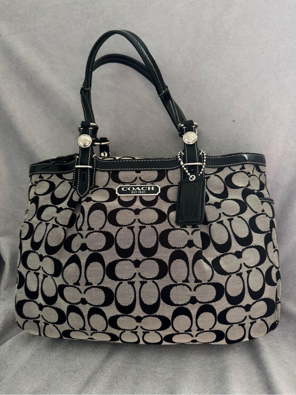 Coach 2011 Black Gallery Legacy Signature Canvas Zip Top Tote
